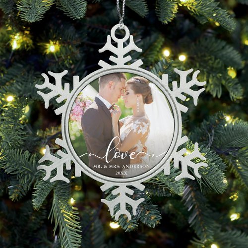 Love Elegant Script Wedding Photo Mr. and Mrs. Snowflake Pewter Christmas Ornament