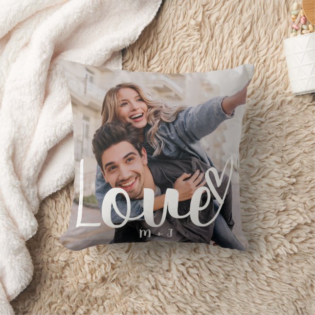 Love Elegant Script with Heart Two Photo Throw Pillow (Blanket)