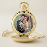 Love Elegant White Script Photo Wedding Gold Pocket Watch