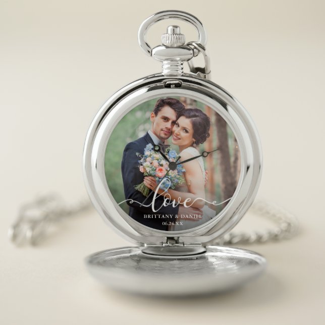 Love Elegant White Script Photo Wedding Silver Pocket Watch (Inside)