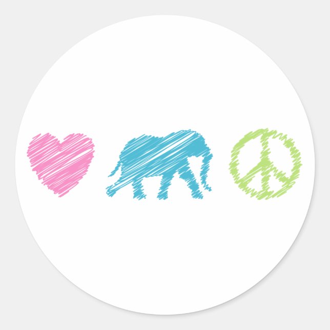Love, Elephant and Peace Classic Round Sticker (Front)