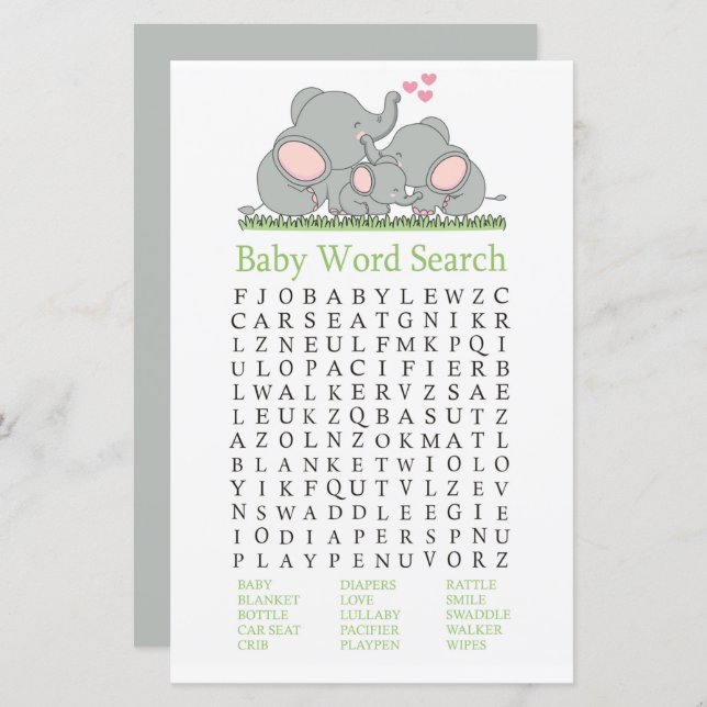 Love Elephants Baby Shower Word Search Game (Front/Back)