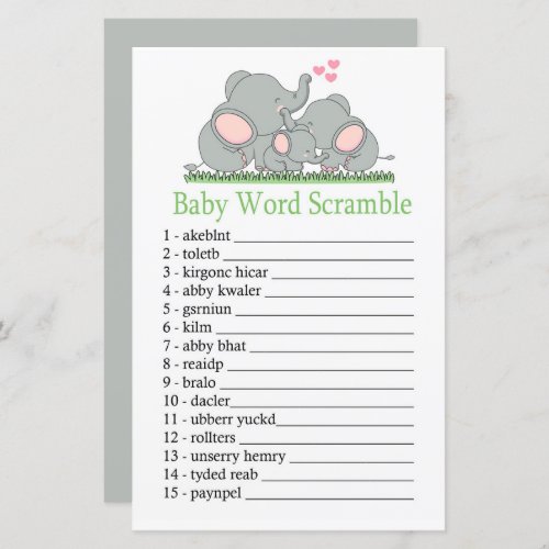 Love Elephants Baby word scramble game
