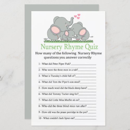Love Elephants Nursery Rhyme Quiz baby shower game