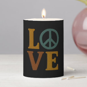 LOVE Embroidered Look Peace Sign Pillar Candle