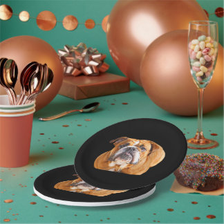 Love English Bulldog Dog Face - Brown Mascot Paper Plates