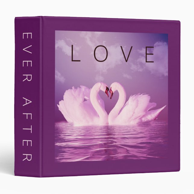 Love Ever After Swans Purple Violet Personalized 3 Ring Binder (Front/Spine)