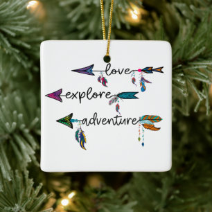 Love Explore Adventure Arrow Tribal Boho Design Ceramic Ornament