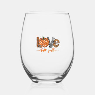 LOVE Fall Y'all Leopard Print Pumpkin Trendy Aut Stemless Wine Glass