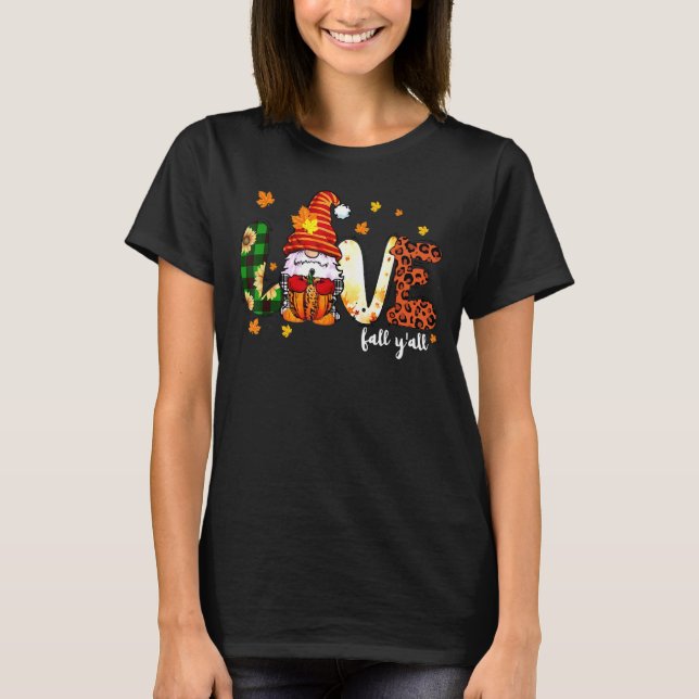 Love Fall Y'all Thanksgiving Gnome Pumpkin Leopard T-Shirt (Front)
