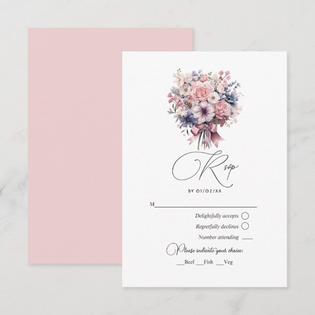 Love Fancy Pink Bow and Pastel Bouquet Wedding RSVP Card (Front/Back)