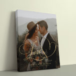 Love faux gold script elegant wedding photo faux canvas print<br><div class="desc">Personalize this faux gold Love heart calligraphy script custom photo canvas print with bride and groom's names and wedding date and place. Could be a perfect keepsake gift for the newlyweds.</div>