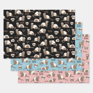 Love Ferrets - Black Blue Pink Wrapping Paper Sheets