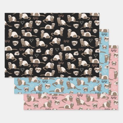 Love Ferrets - Black Blue Pink Wrapping Paper Sheets