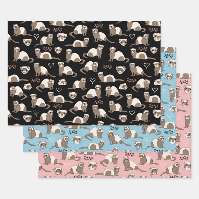 Love Ferrets - Black Blue Pink Wrapping Paper Sheets (Set)