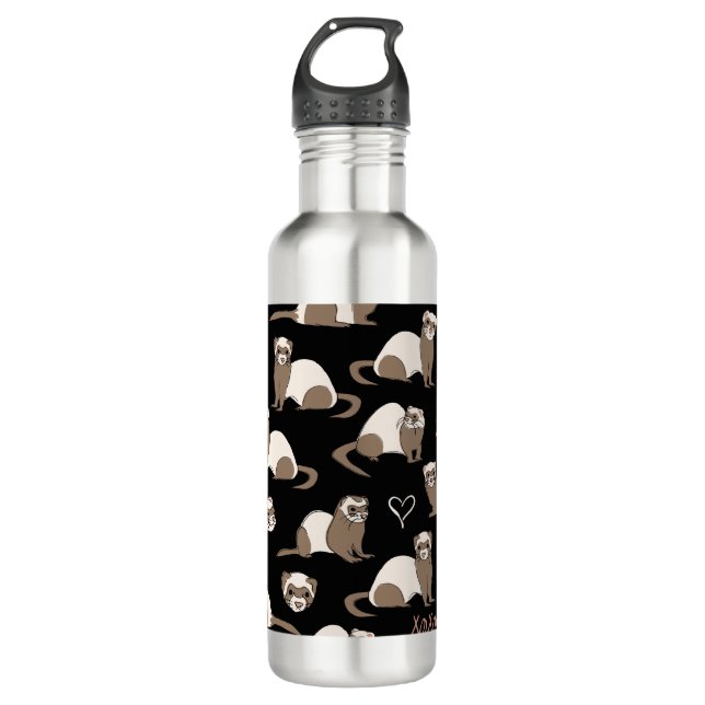 Love Ferrets - Black Stainless Steel Water Bottle (Front)