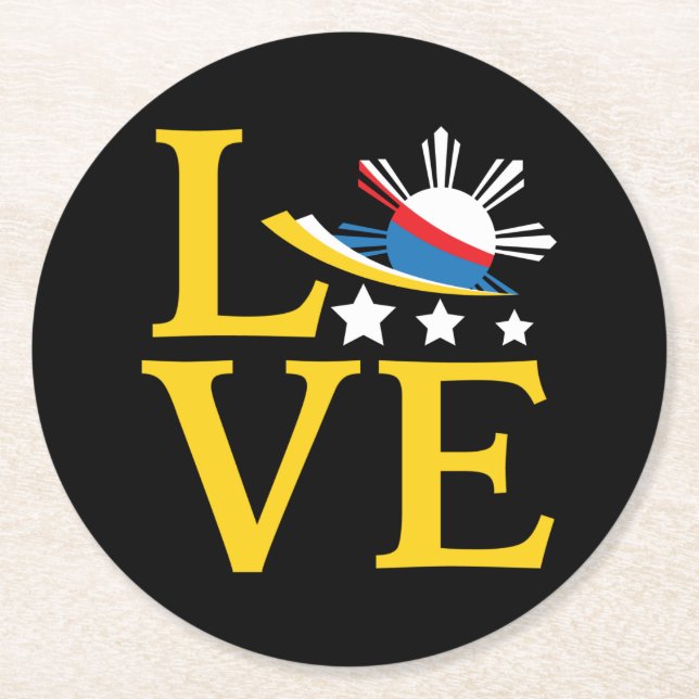 Love - Filipino Flag Typography Art Round Paper Coaster (Front)