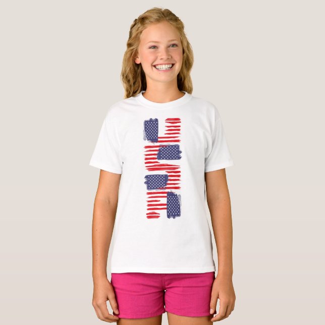LOVE FLAG USA/USA TEXT BRUSH STROKE BY MASANSER P T-Shirt (Front Full)