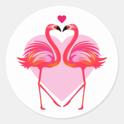 Love Flamingo Birds with Heart Frame Classic Round Sticker