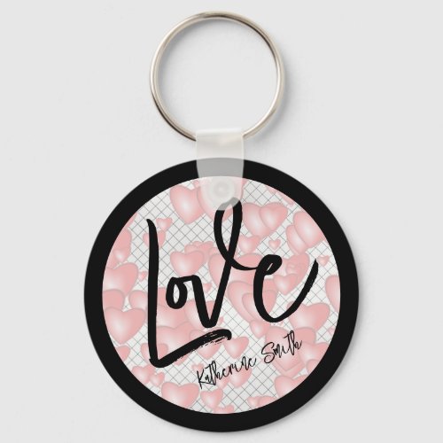 Love _ Floating Pink Valentine Hearts _ Your Name Keychain