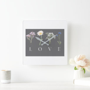 LOVE Floral – Romantic Botanical Print Square Wall Clock