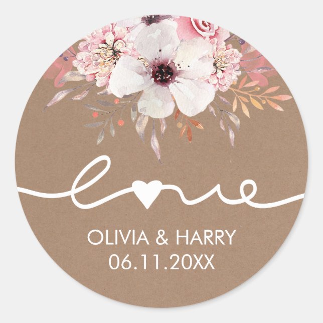 Love Floral Wedding Favor Stickers | Kraft (Front)