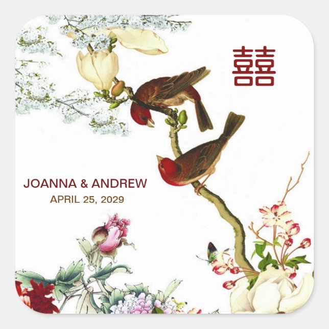Love Flourishing Birds & Flowers Chinese Wedding © Square Sticker (Front)