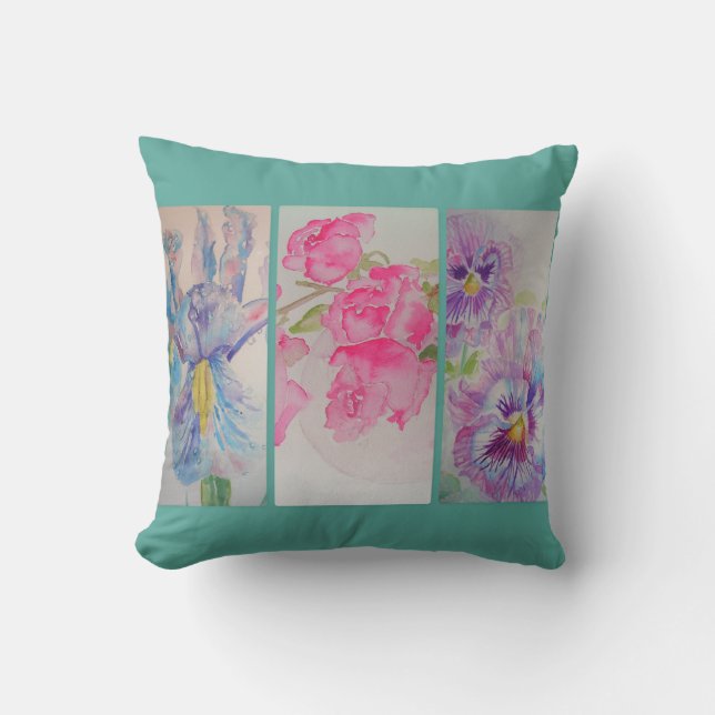 Love Flowers Floral Watercolor Turquoise Cushion (Front)