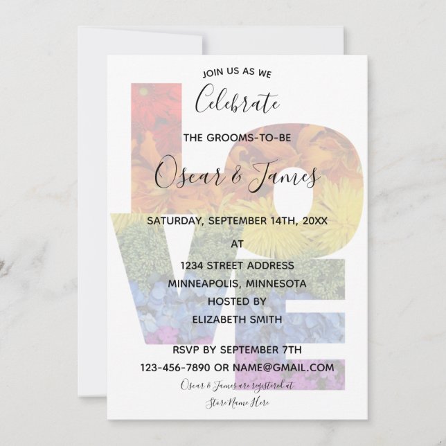 LOVE Flowers Same-Sex Grooms Party Invitation (Front)