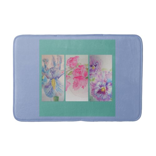 Love Flowers Watercolor Turquoise Blue Bath Mat