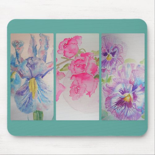 Love Flowers Watercolor Turquoise Floral Mouse Pad