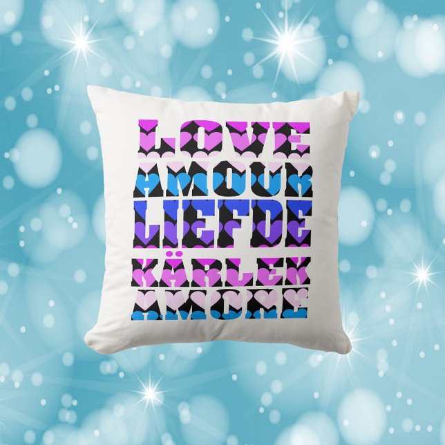 Love Foreign Languages Hearts Pink Purple Black Throw Pillow (A pillow that says love in a variety of languages with hearts in pink, blue and purple.)