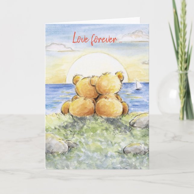 Love forever, cute bear couple watching sunset. card (Front)