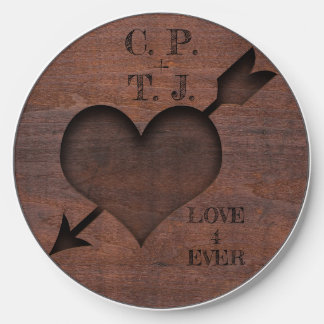 Love Forever Heart Carved Wood Round Wireless Charger