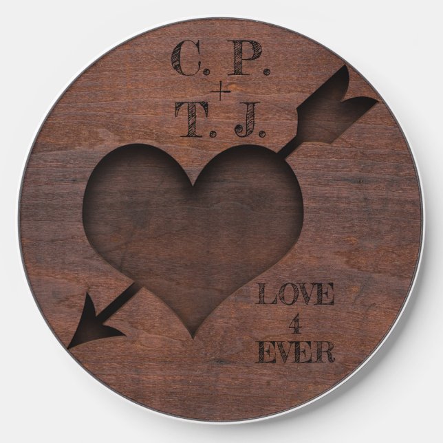 Love Forever Heart Carved Wood Round Wireless Charger (Front)