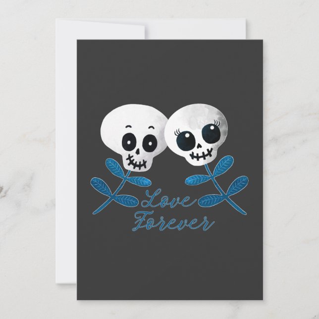 Love Forever Two Cute Halloween Blue Flower Skulls Invitation (Front)