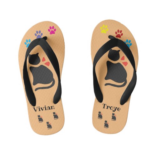 Love from Black Cat Red Bow colorful 3 Pawprints Kids Flip Flops