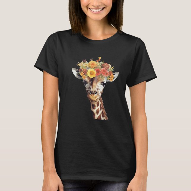Love giraffe Women wildlife giraffe  with Flowers T-Shirt (Front)
