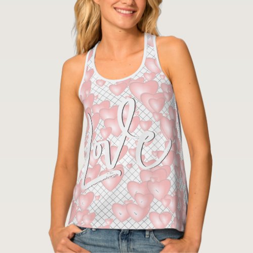 Love _ Girly Floating Pink Valentine Hearts _ Grid Tank Top