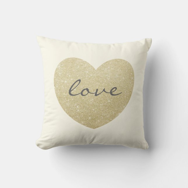 "Love" Glitter golden heart-Print Throw Pillow (Front)