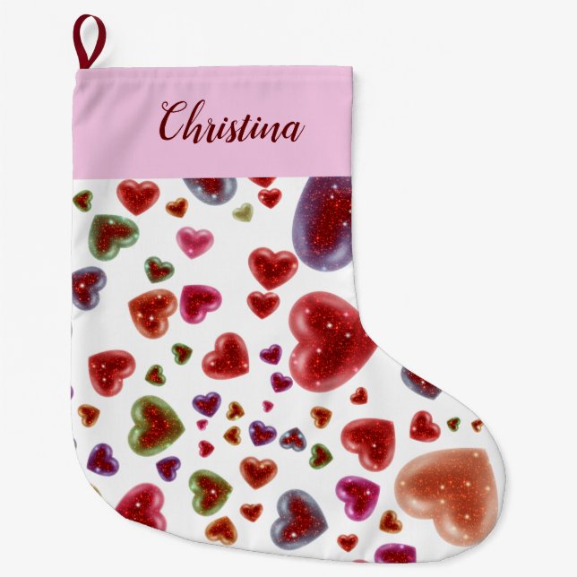 Love, glittery hearts 2 large christmas stocking (Front)