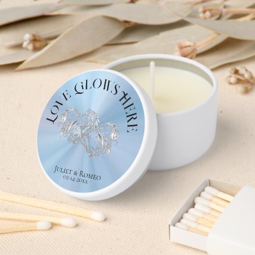 Love Glows Here Hearts- Blue/Silver Mini Candle Favors