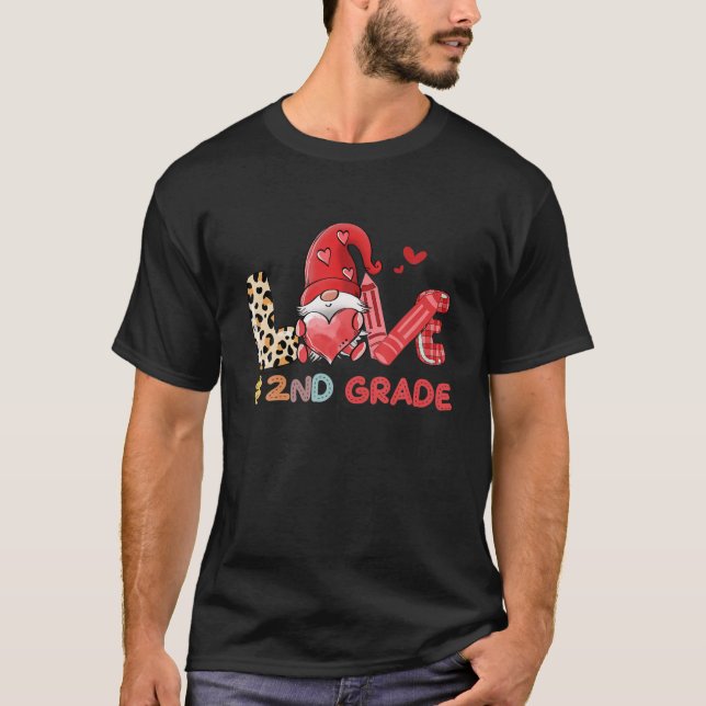Love Gnome 2Nd Grade Teacher Leopard,Valentine Tea T-Shirt (Front)