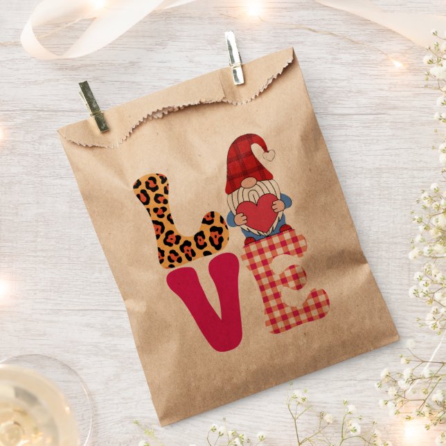 Love Gnome Valentines Day Red Buffalo Plaid Leopar Favor Bag (Clipped)