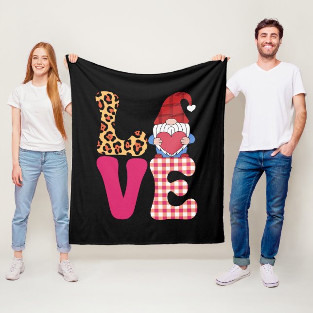 Love Gnome Valentines Day Red Buffalo Plaid Leopar Fleece Blanket (In Situ)