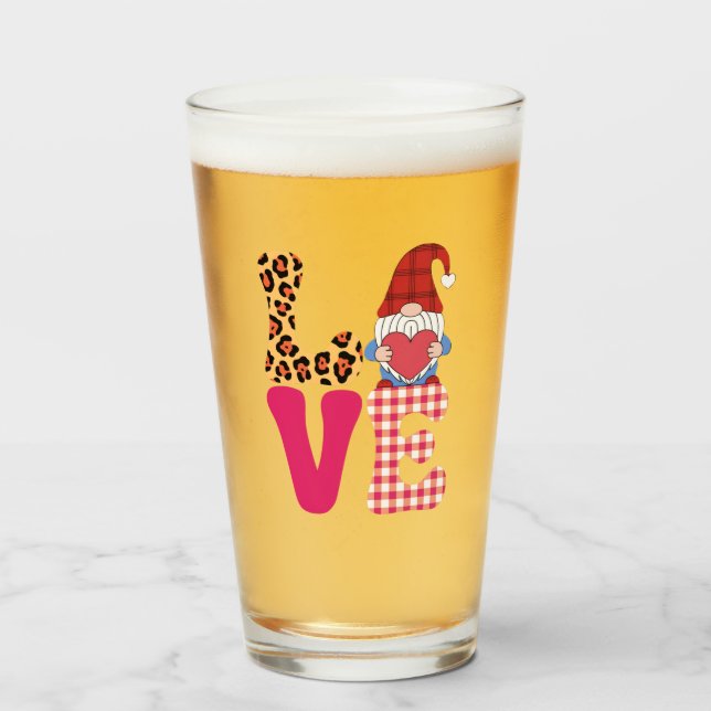 Love Gnome Valentines Day Red Buffalo Plaid Leopar Glass (Front Filled)