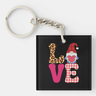 Love Gnome Valentines Day Red Buffalo Plaid Leopar Keychain