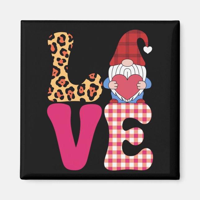 Love Gnome Valentines Day Red Buffalo Plaid Leopar Magnet (Front)