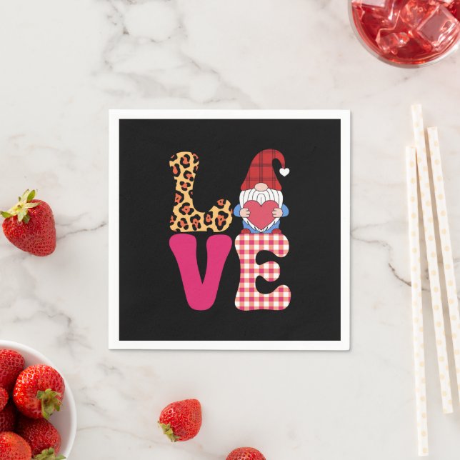 Love Gnome Valentines Day Red Buffalo Plaid Leopar Napkins (Insitu)