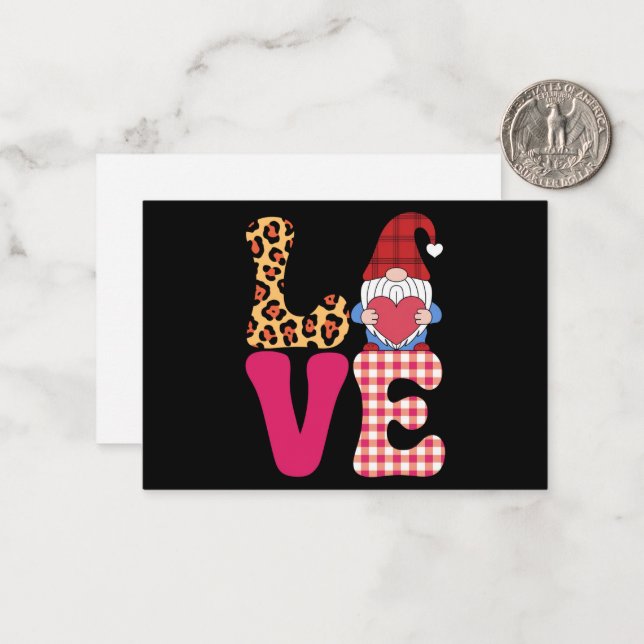 Love Gnome Valentines Day Red Buffalo Plaid Leopar Note Card (Front/Back In Situ)